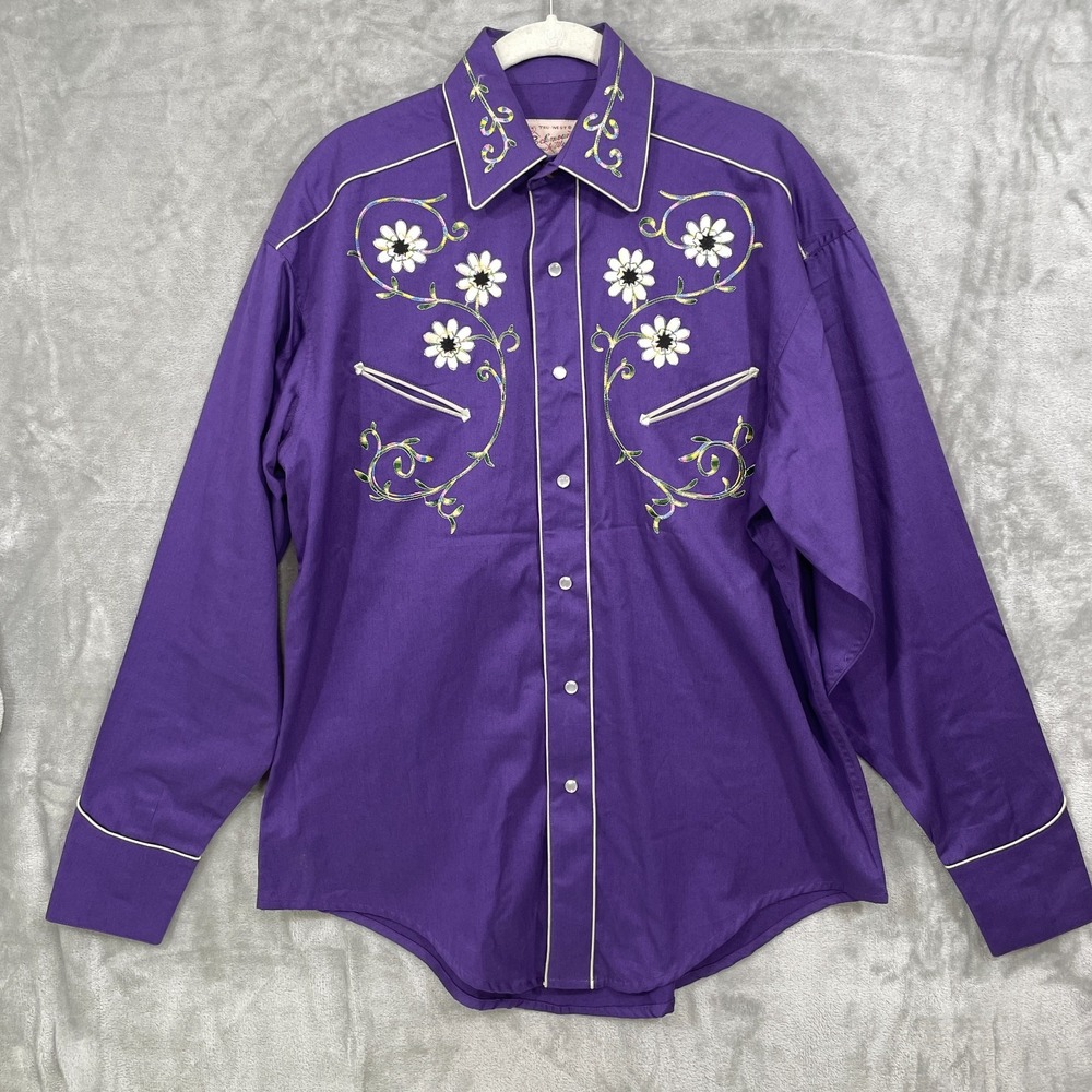 Rockmount Ranch Wear Shirt Size S Western Floral Smiley Embroidered Pearl Snap